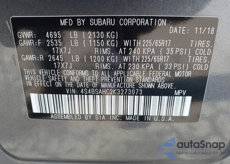 2019 Subaru Outback 2.5I Premium из США, поврежденный, VIN 4S4BSAHC2K3273073